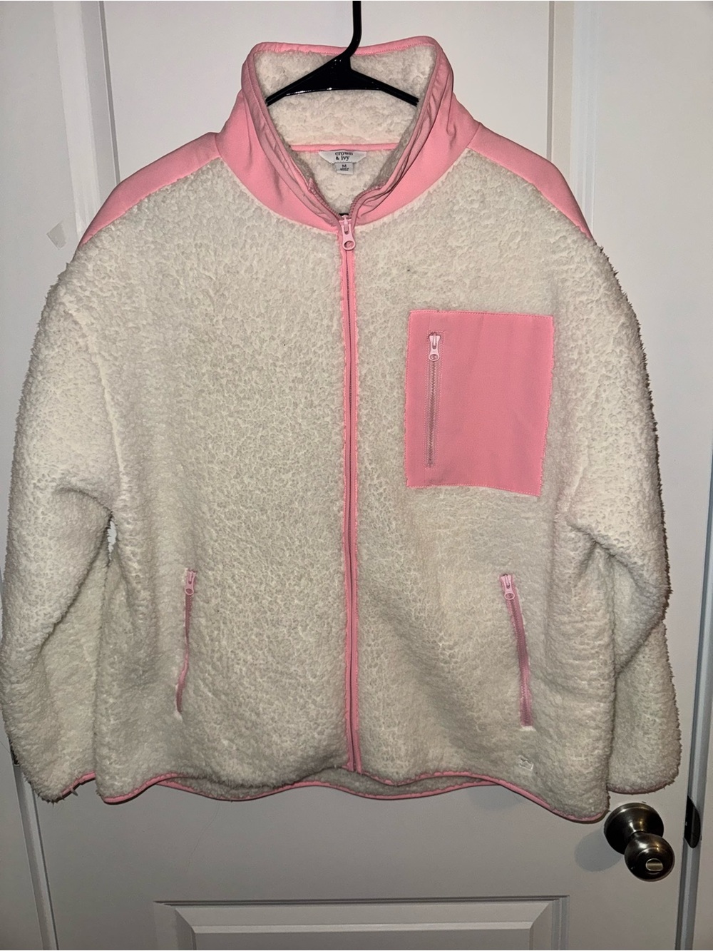 crown & ivy Cream Sherpa Jacket with Pink Trim